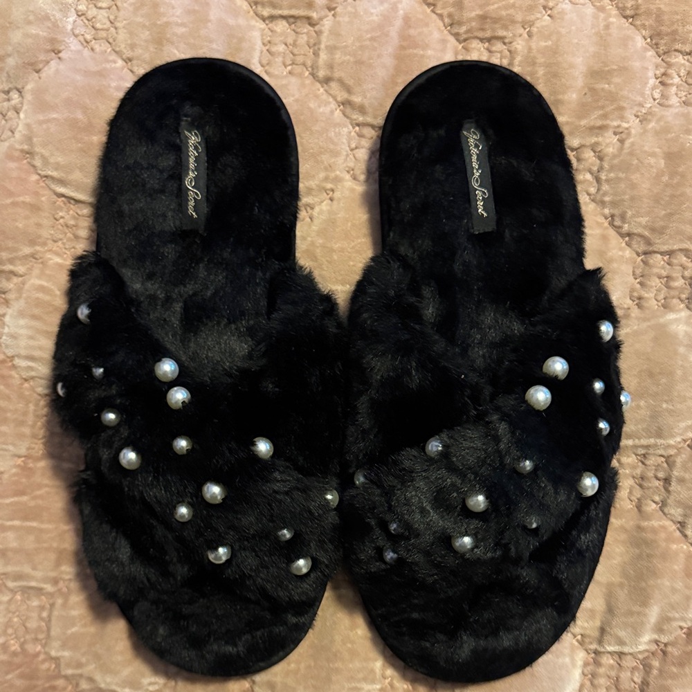 Victoria's Secret Black Faux Fur Slippers with Pearls
